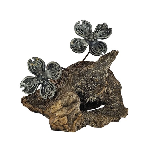 Handcrafted Metal Flower Sculpture On Driftwood Folk Art - Picture 1 of 8